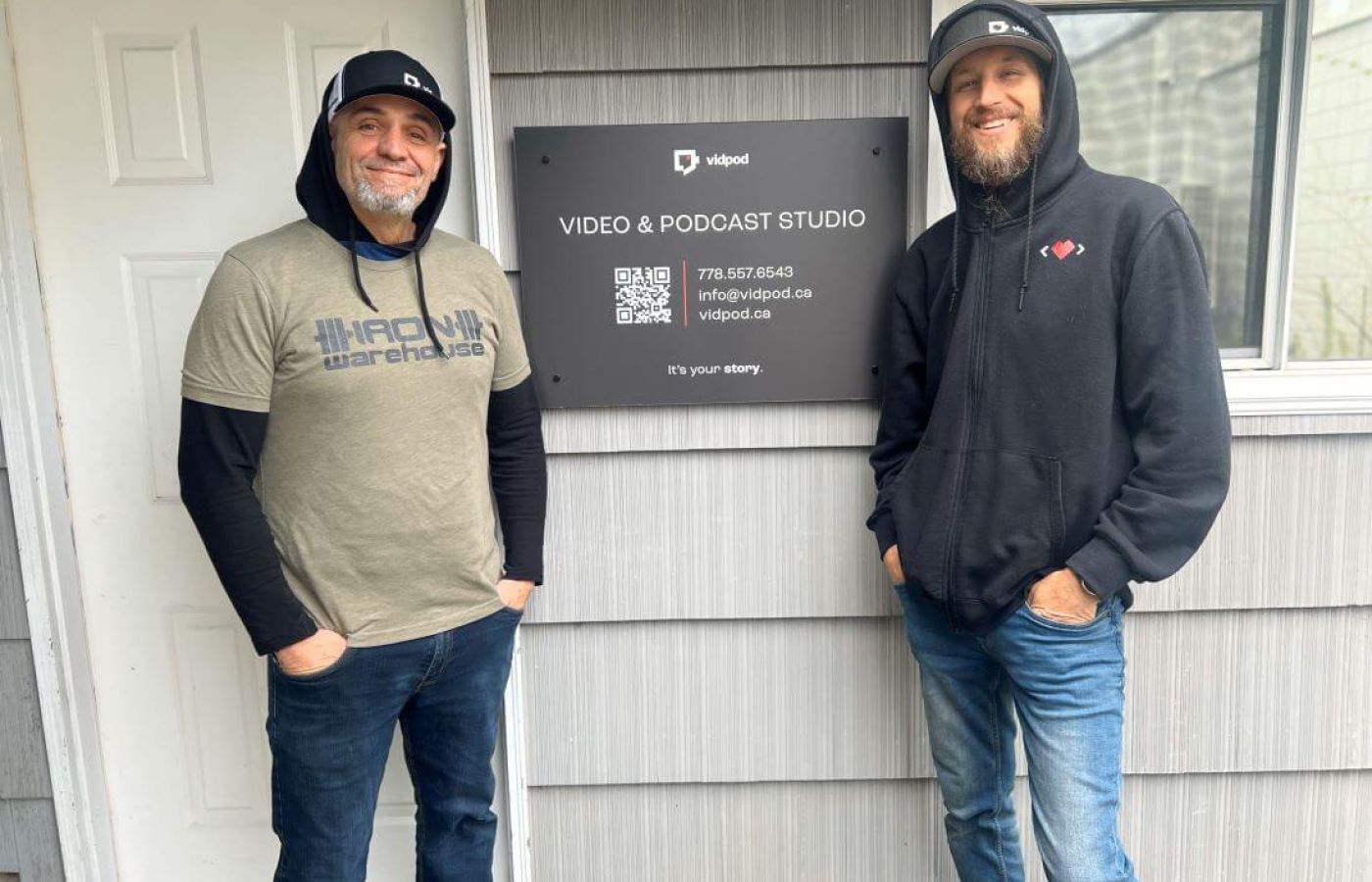 VidPod Studio - Julio and Mark at exterior sign
