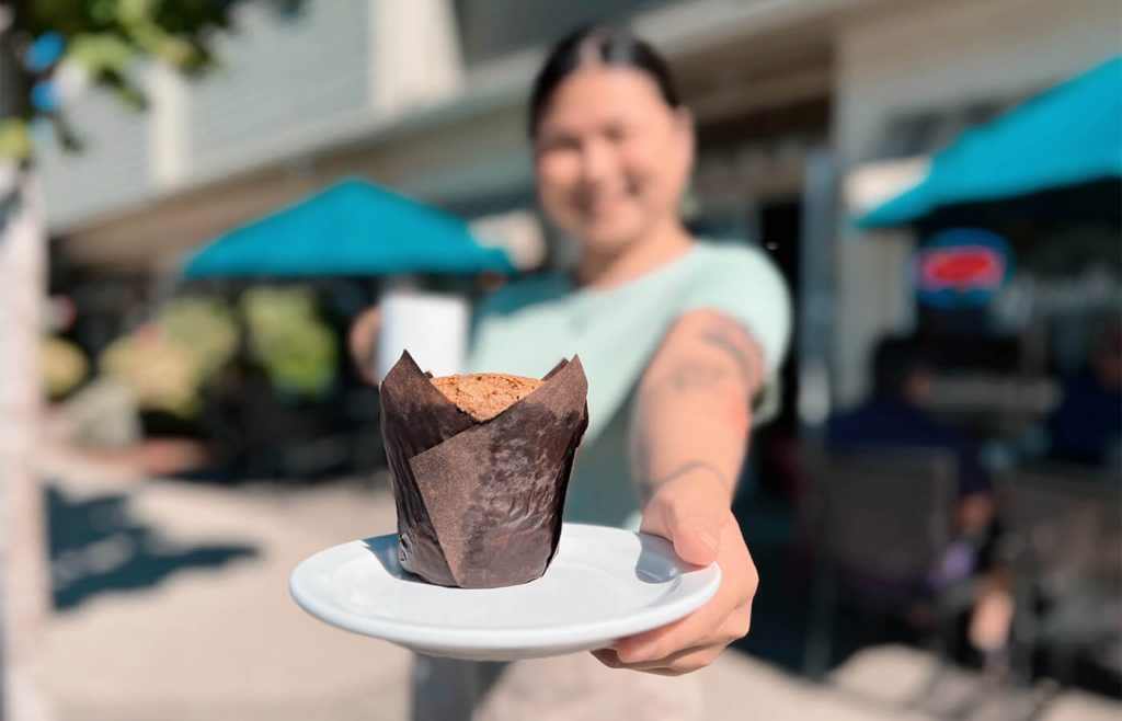 close up on a muffin on a plate